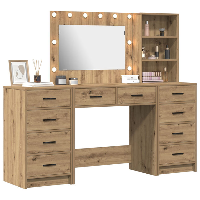 Set Tavolo da trucco  3 Pezzi con LED Quercia Artigianale Legno Ingegnerizzato