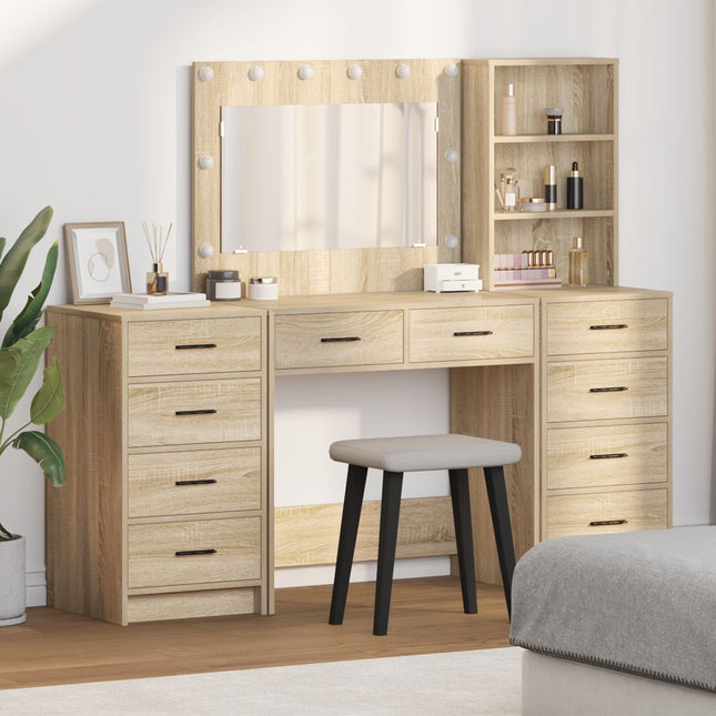 Set di Toeletta a 3 Pezzi con LED in Legno Ingegnerizzato Rovere Sonoma