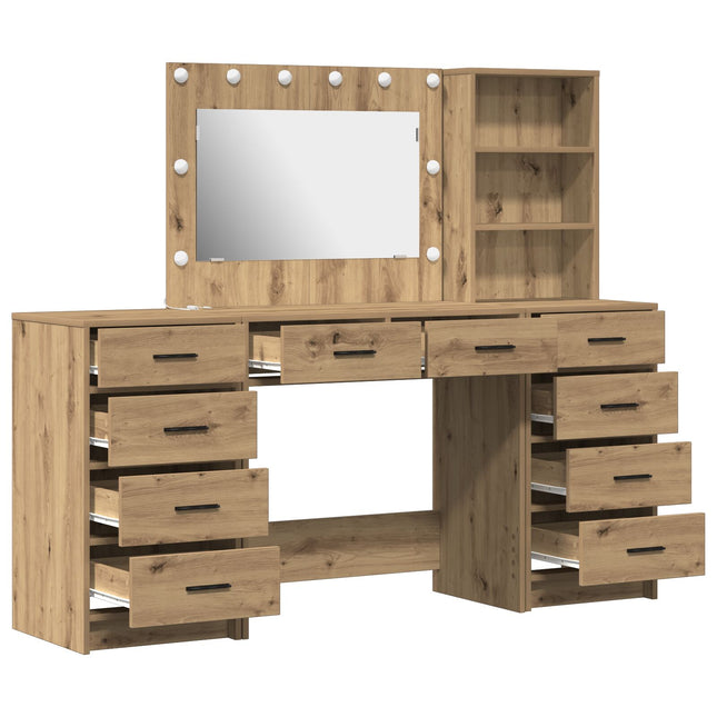Set Tavolo da trucco  3 Pezzi con LED Quercia Artigianale Legno Ingegnerizzato
