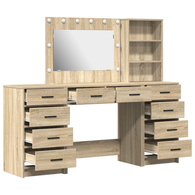 Set di Toeletta a 3 Pezzi con LED in Legno Ingegnerizzato Rovere Sonoma
