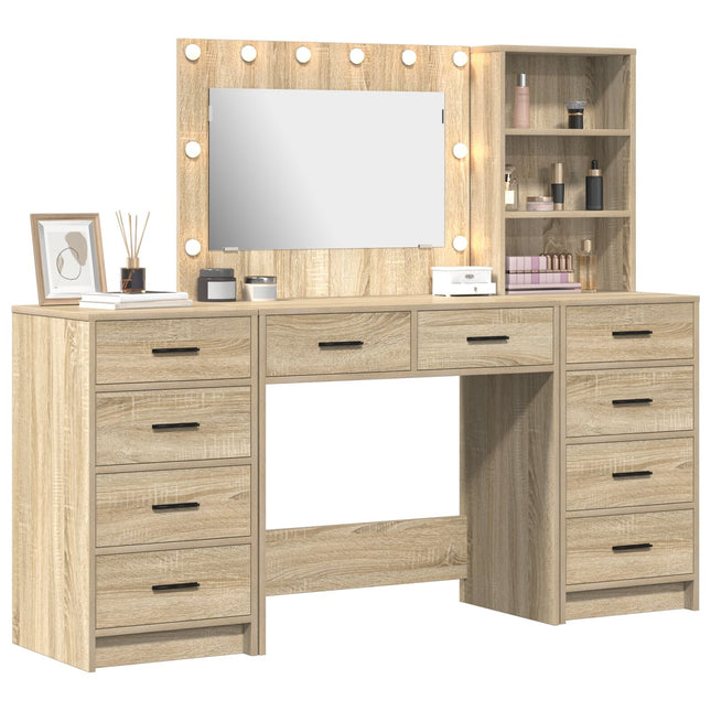 Set di Toeletta a 3 Pezzi con LED in Legno Ingegnerizzato Rovere Sonoma