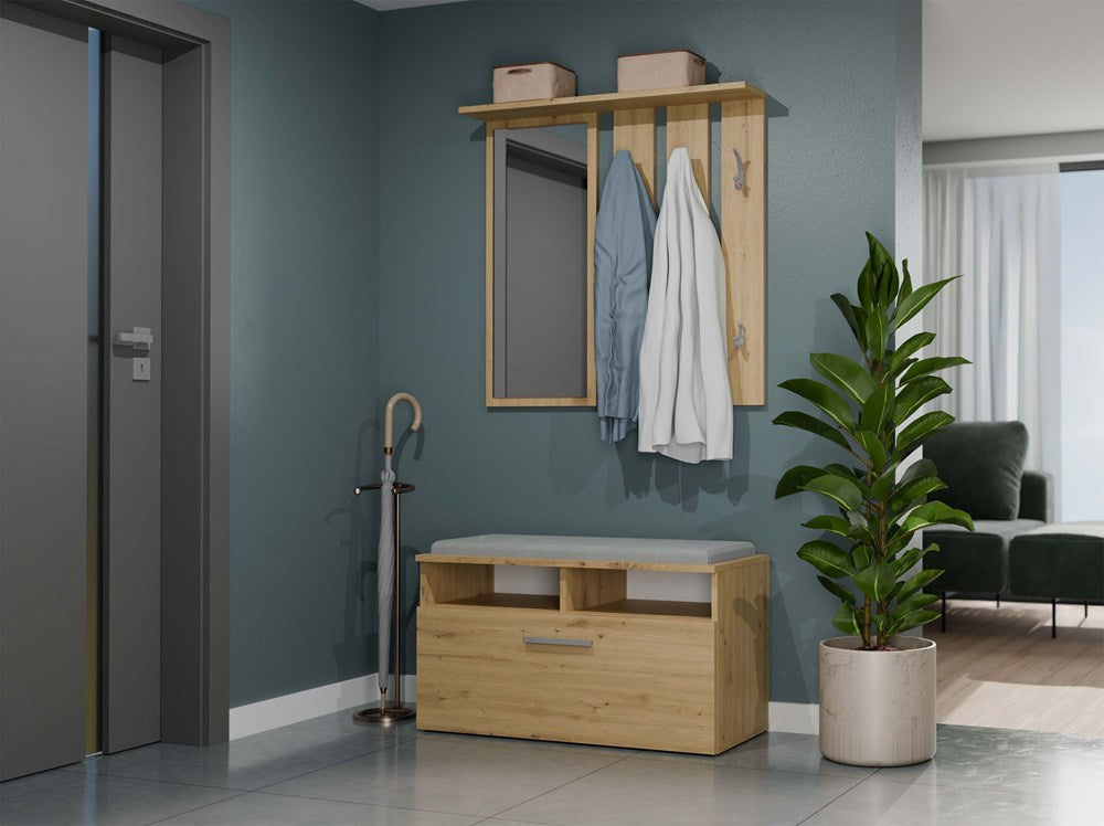 Appendiabiti da Parete Luce con Specchio e Ripiano – Rovere Artisan 85×15×82 cm