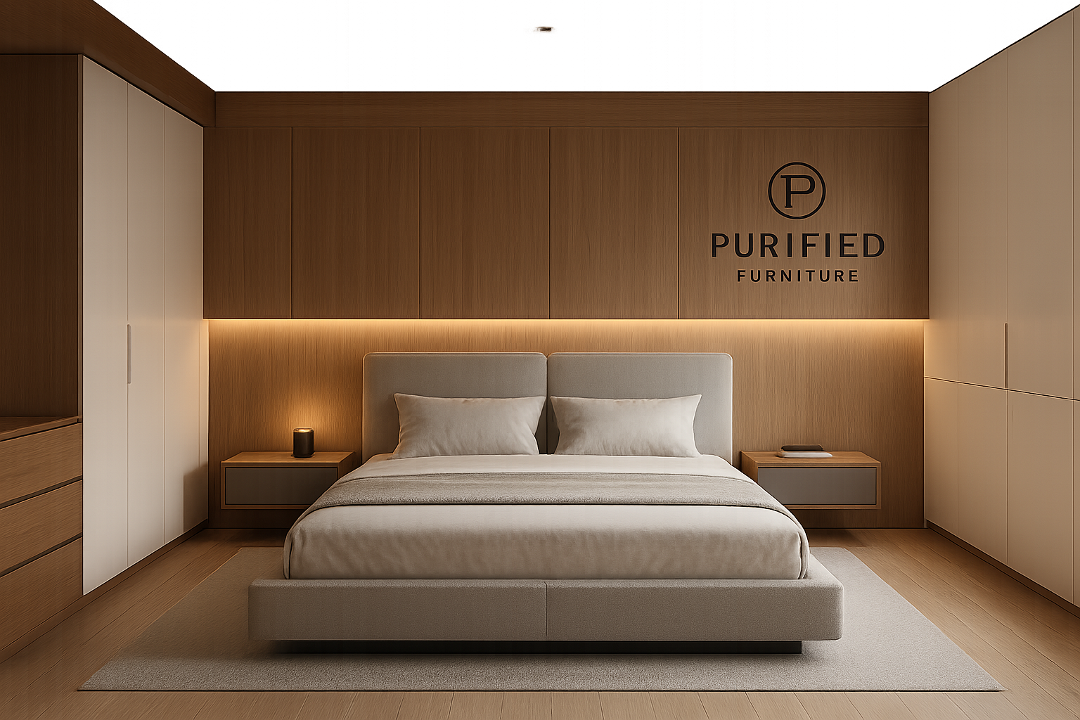 Arredi per camera da letto: comodini e mobili contenitori. Camera da letto moderna. Logo Purified Furniture. make this desgn sweet and attractive. design it with those modern design you think is best, i don't need all this classic desing with tiny legs of bed. i mean luxy home with bed everything perfect please.
