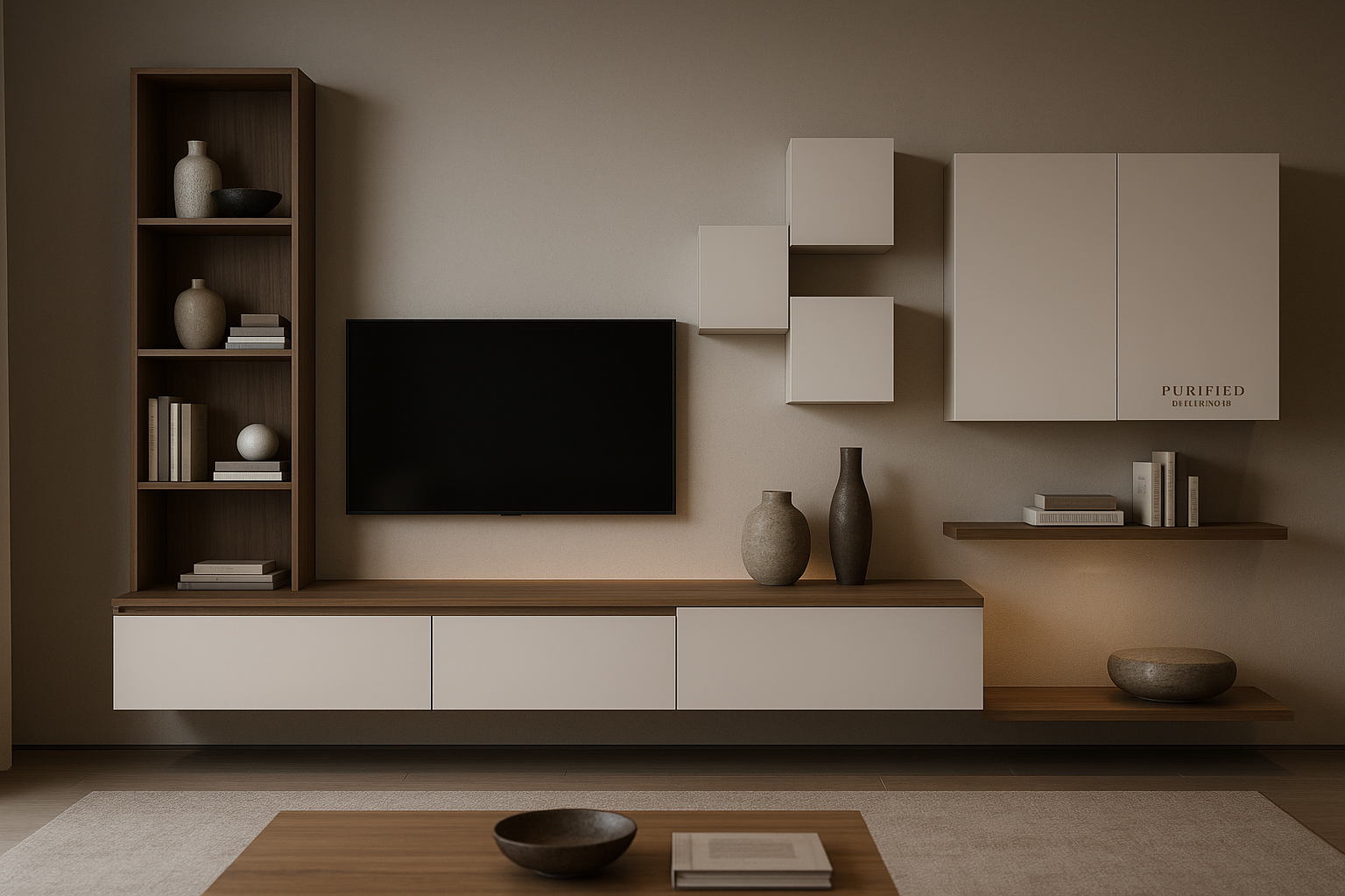 Arredi soggiorno: composizioni, scaffali e mobili a parete. add Purified Furniture as logo on the image maybe where you think should be perfect 