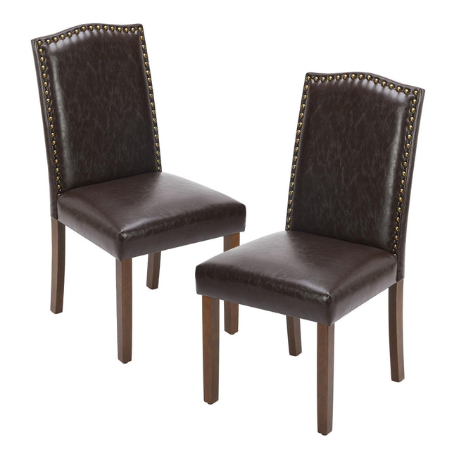 Living Room, Upholstered Leather Dining, Parsons Nailhead Trim and Wood Legs（2PCS） Brown