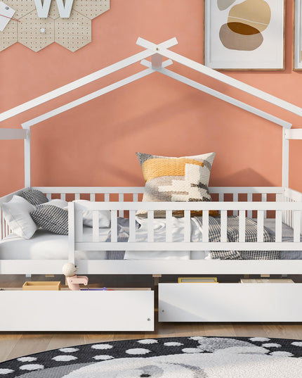 Full Size Wooden House Bed with Two Drawers - Purified HB
