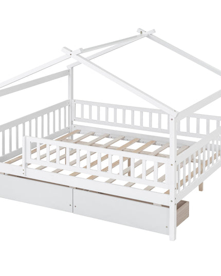 Full Size Wooden House Bed with Two Drawers - Purified HB