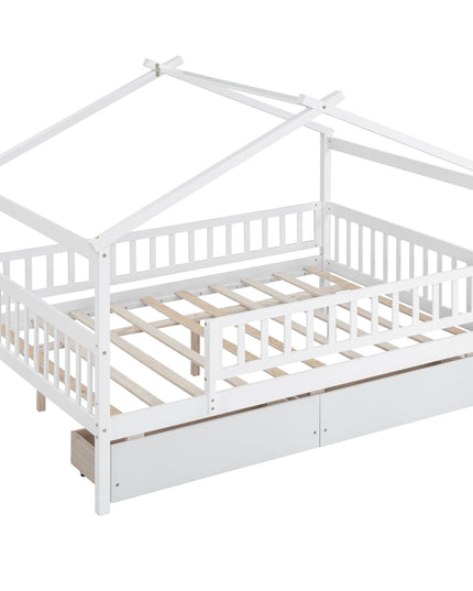 Full Size Wooden House Bed with Two Drawers - Purified HB