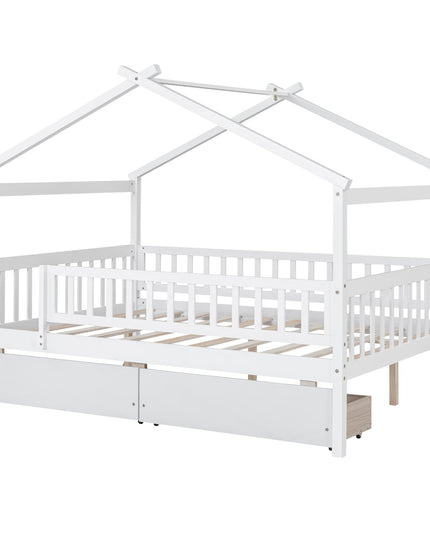 Full Size Wooden House Bed with Two Drawers - Purified HB