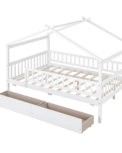 Full Size Wooden House Bed with Two Drawers - Purified HB