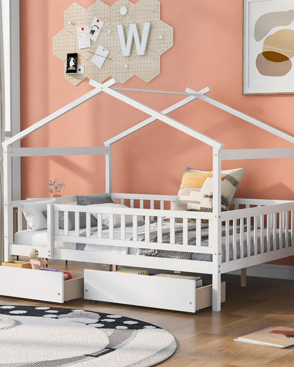 Full Size Wooden House Bed with Two Drawers - Purified HB