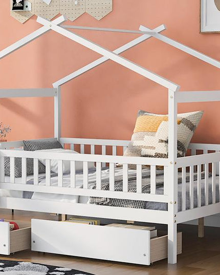 Full Size Wooden House Bed with Two Drawers - Purified HB
