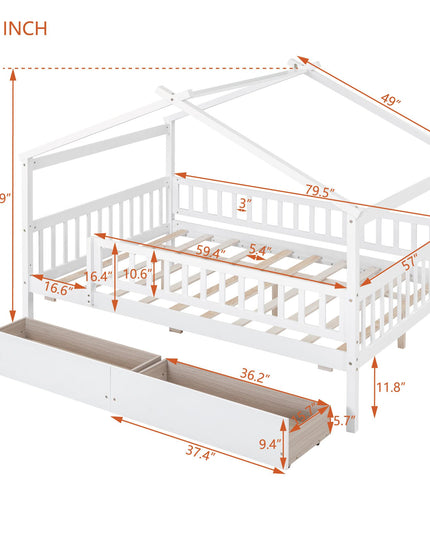 Full Size Wooden House Bed with Two Drawers - Purified HB