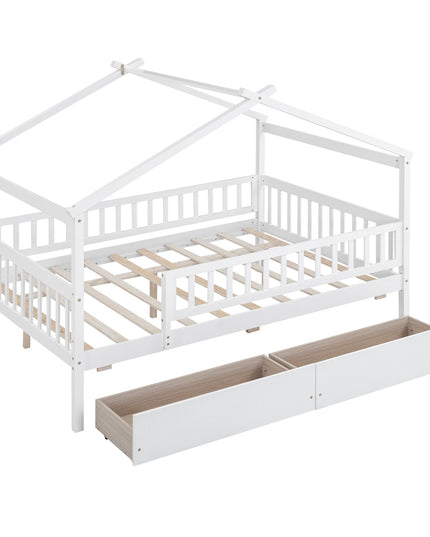 Full Size Wooden House Bed with Two Drawers - Purified HB