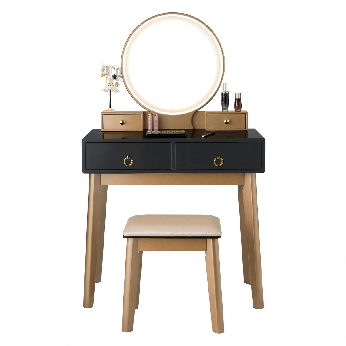 NNECW Dressing Table Stool Set with Makeup Mirror for Bedroom-Black-1