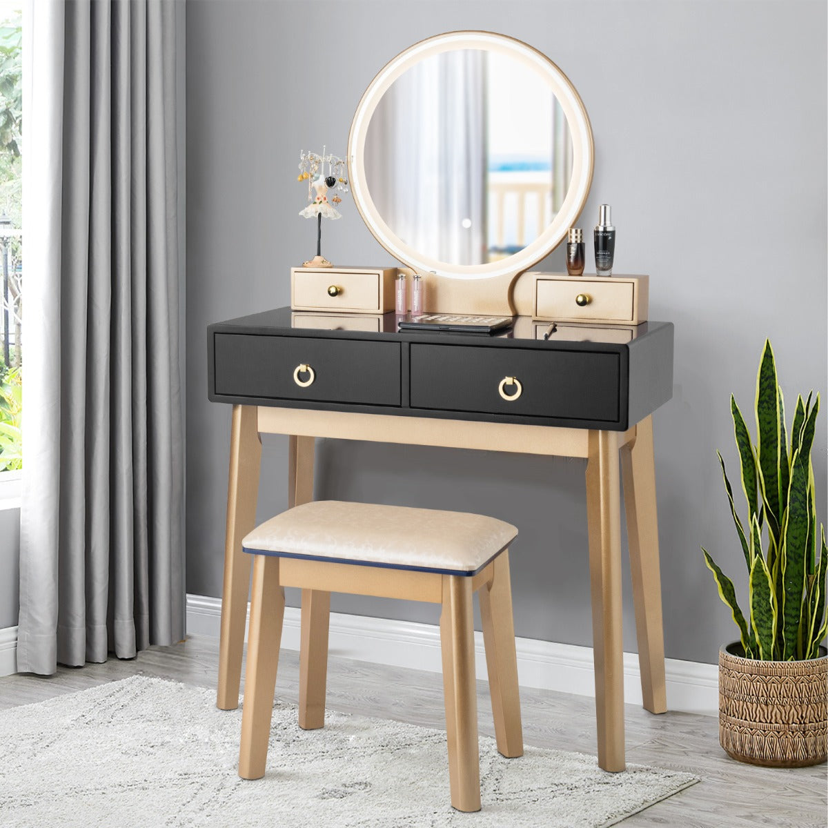 NNECW Dressing Table Stool Set with Makeup Mirror for Bedroom-Black-4
