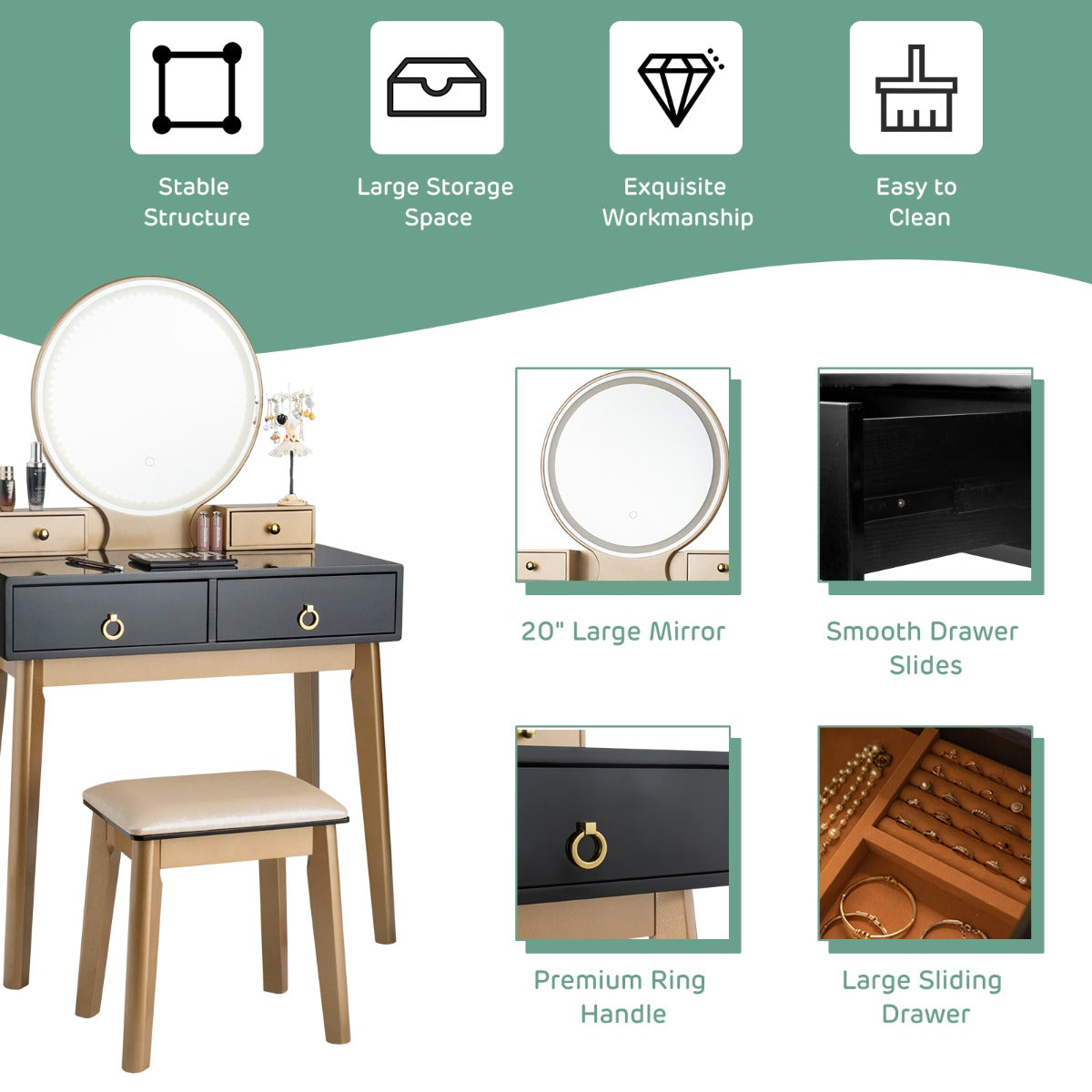 NNECW Dressing Table Stool Set with Makeup Mirror for Bedroom-Black-2