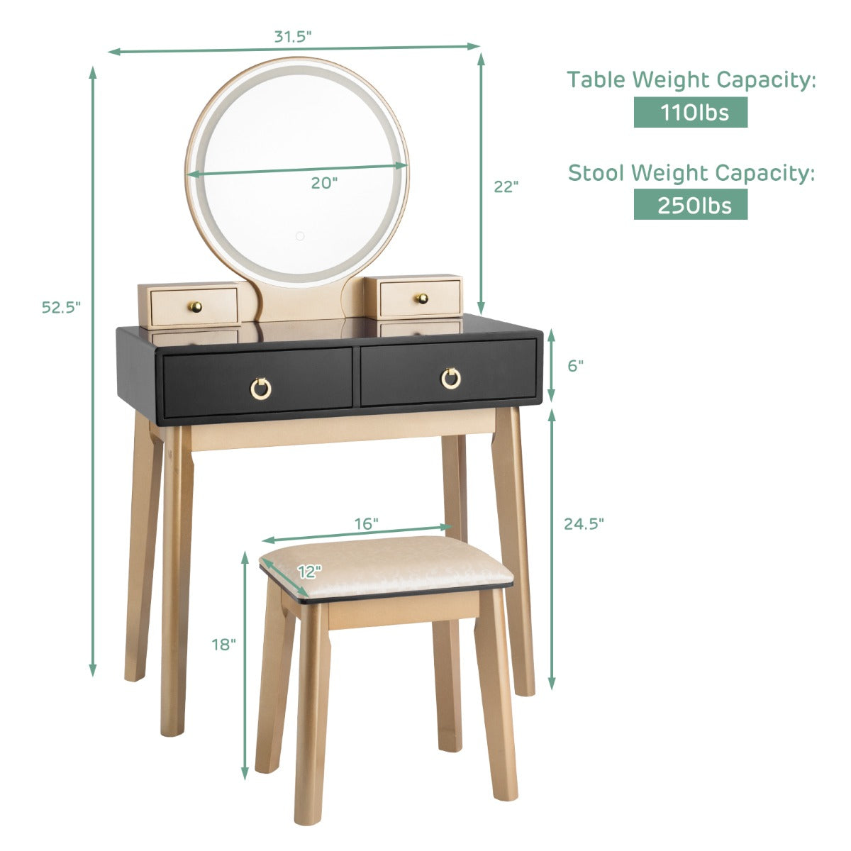 NNECW Dressing Table Stool Set with Makeup Mirror for Bedroom-Black-3