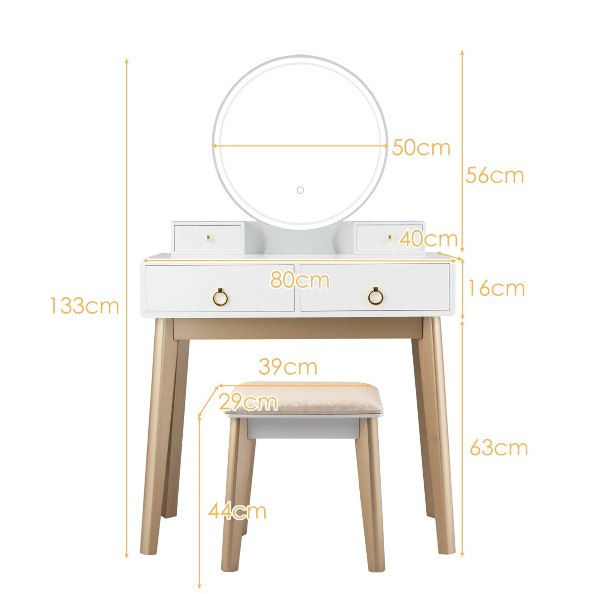 NNECW Dressing Table Stool Set with Makeup Mirror for Bedroom-White-3