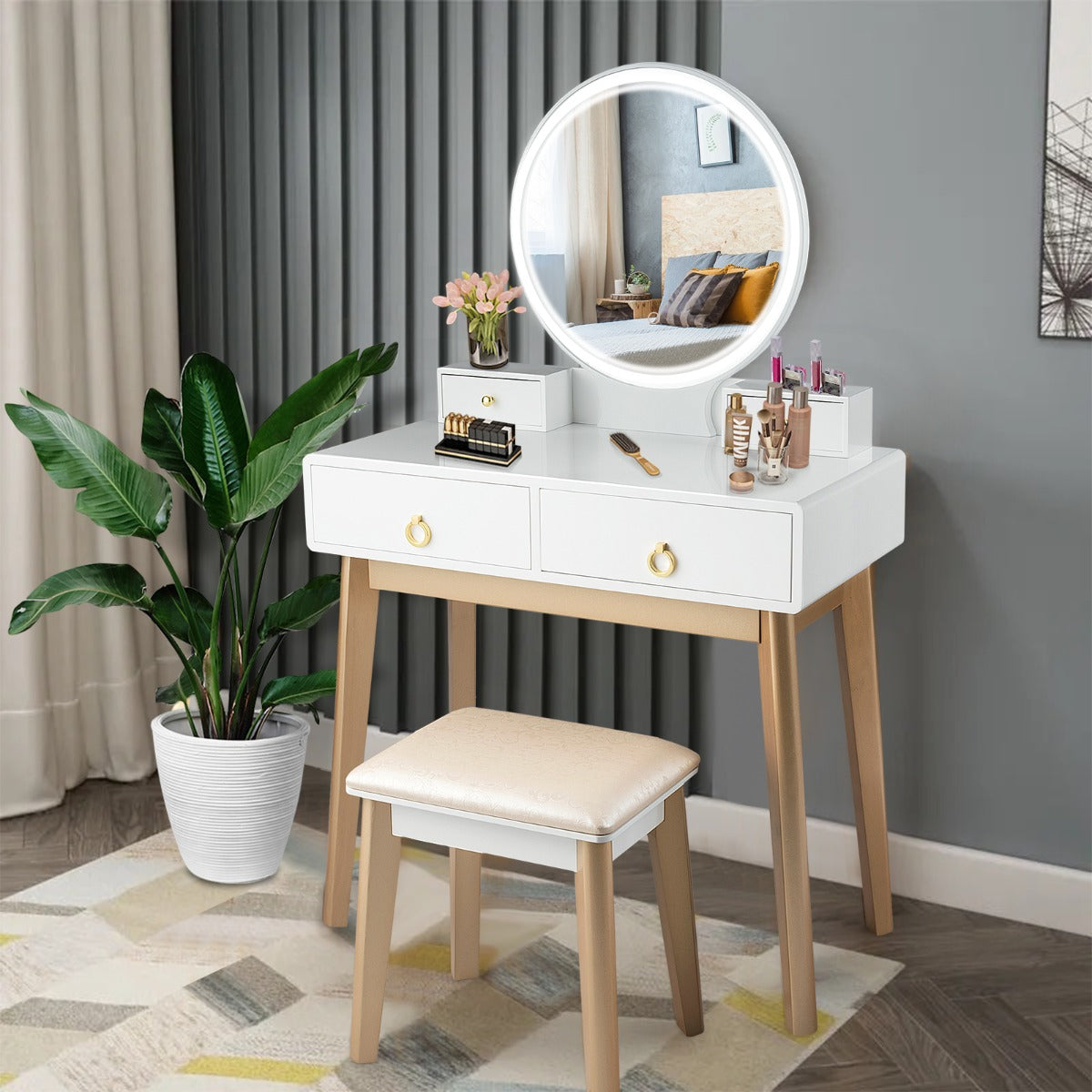 NNECW Dressing Table Stool Set with Makeup Mirror for Bedroom-White-0