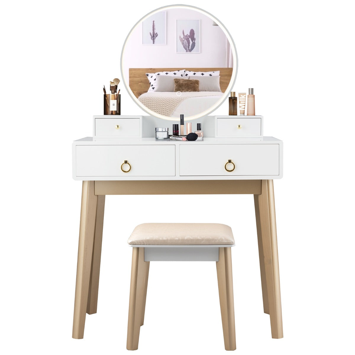 NNECW Dressing Table Stool Set with Makeup Mirror for Bedroom-White-1