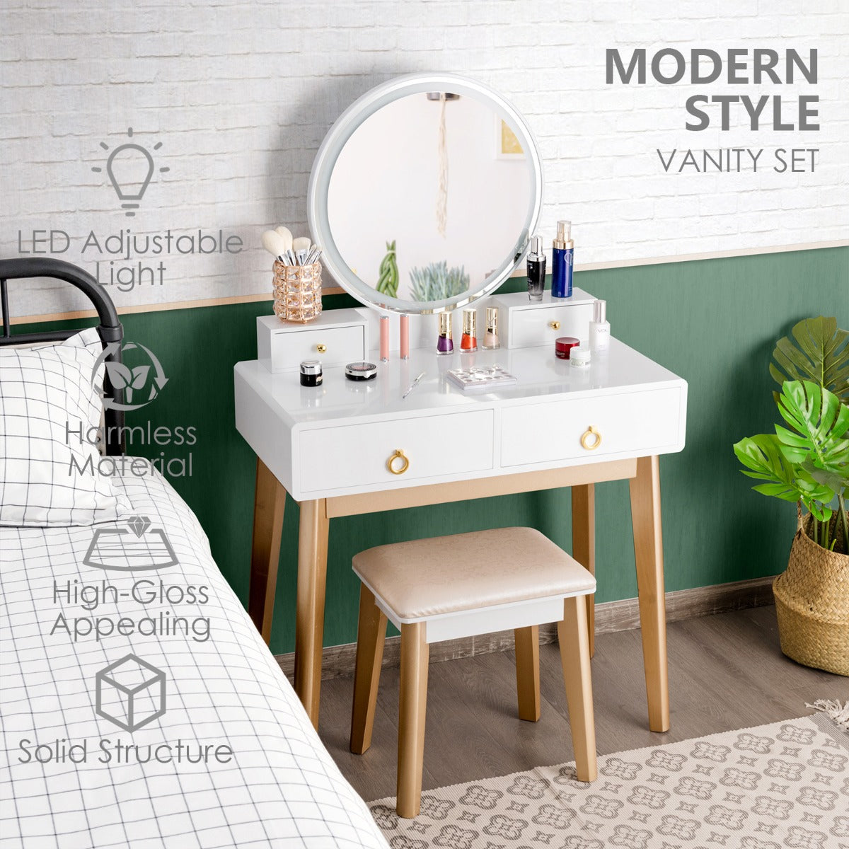 NNECW Dressing Table Stool Set with Makeup Mirror for Bedroom-White-2