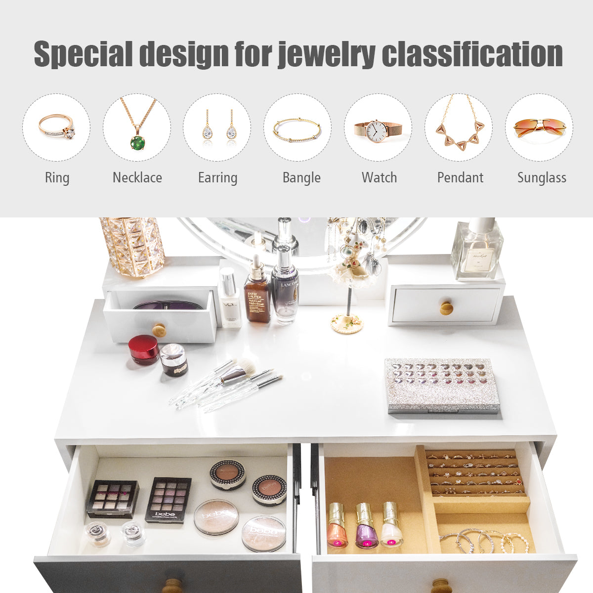 NNECW Dressing Table with Lights & Stool for Makeup-4