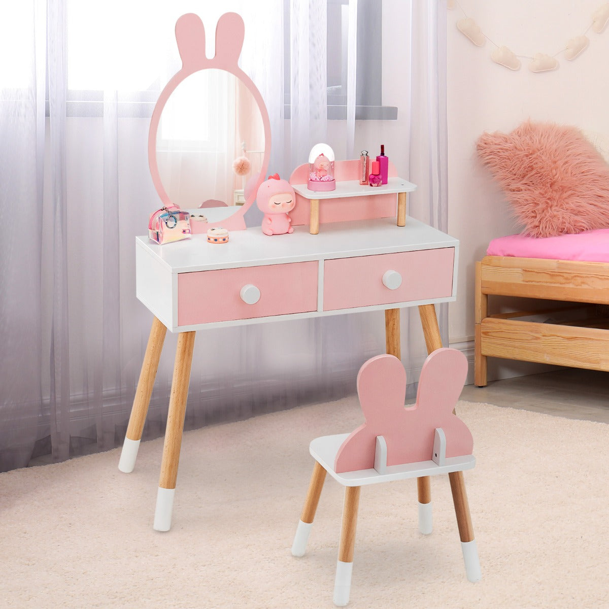 NNECW Kids Vanity Dressing Table Stool Set with Mirror Drawers-4