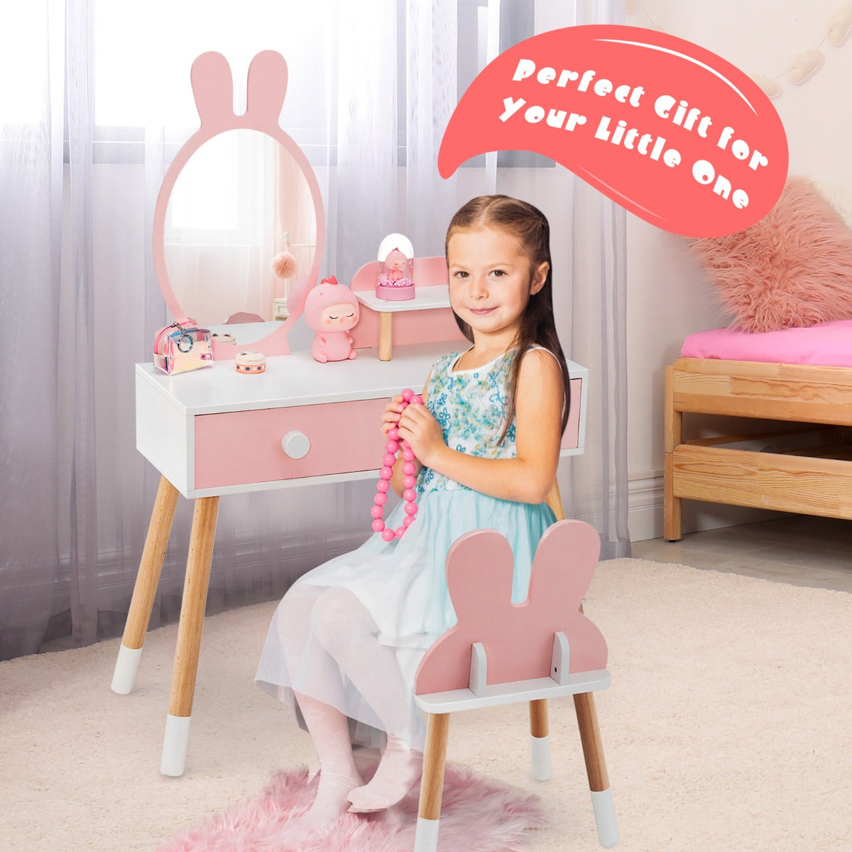 NNECW Kids Vanity Dressing Table Stool Set with Mirror Drawers-2