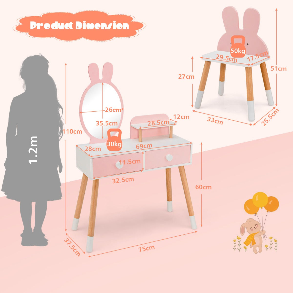 NNECW Kids Vanity Dressing Table Stool Set with Mirror Drawers-3