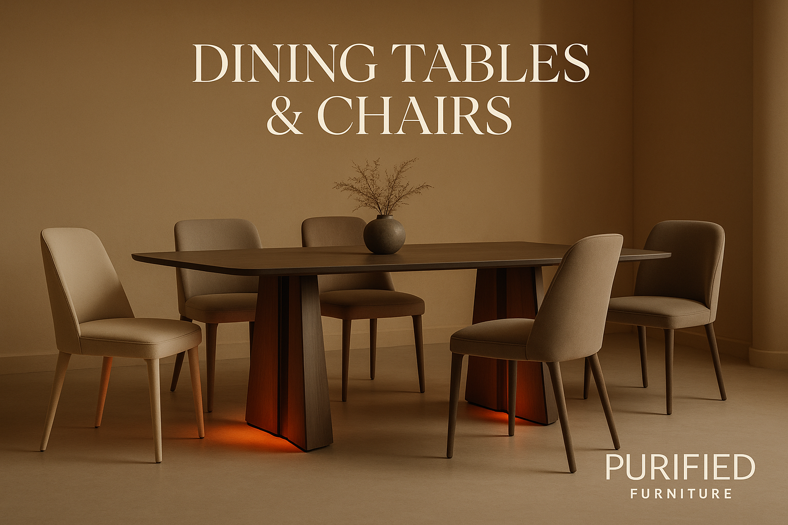 Purified Furniture promotional image for the Dining Tables & Chairs collection. Background: elegant dining room interior with warm beige walls and soft lighting. Foreground: a sleek modern dining table with chairs in neutral tones. Accent: subtle Purified Glow (orange-red gradient) highlighting edges. Branding: clean white 'Purified Furniture' logo watermark bottom-right corner. Style: high-end catalog, lifestyle ad, premium and catchy.